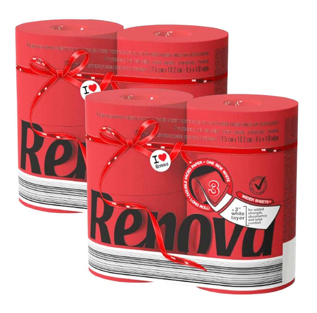 Renova Red Toilet Paper – 8 Jumbo Rolls (2×4 Pack), 3-Ply, 180 Sheets, Eco-Friendly & Premium Quality