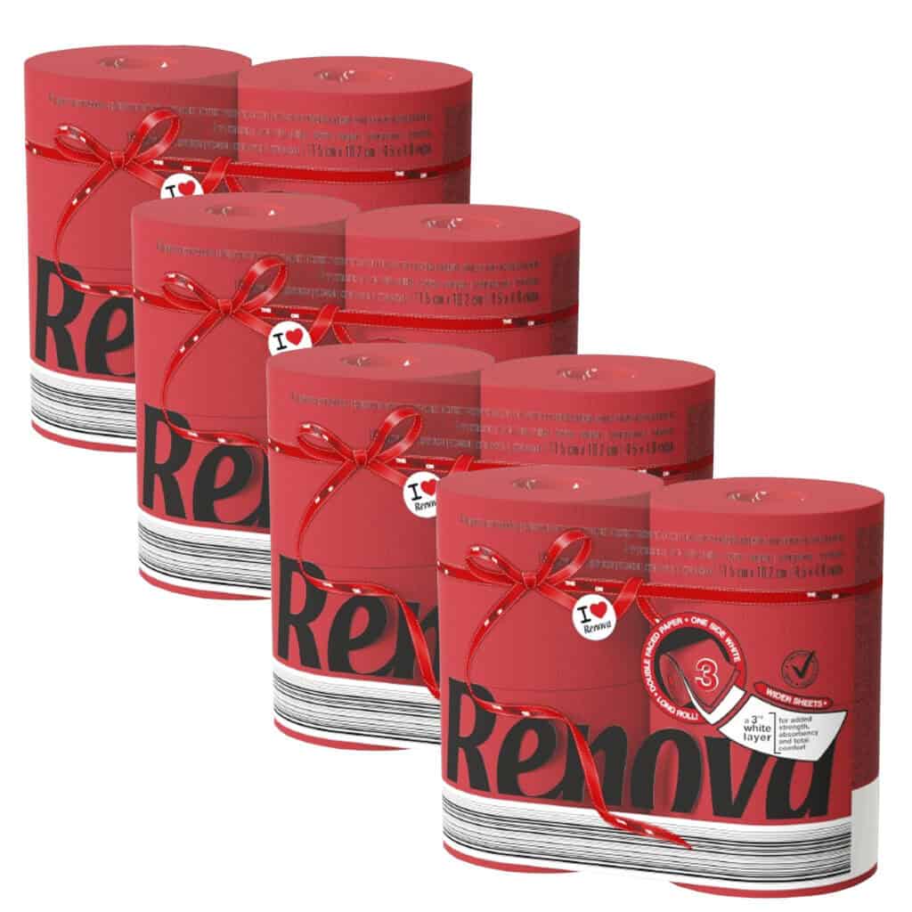 Renova Red Toilet Paper Jumbo 3-Ply 180 Sheets, 4×4 Pack (16 Rolls)