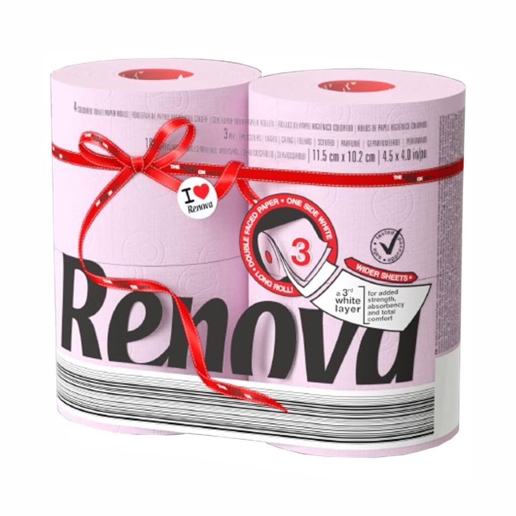 Renova Light Pink Toilet Paper Jumbo 3-Ply 180 Sheets, Pack of 4