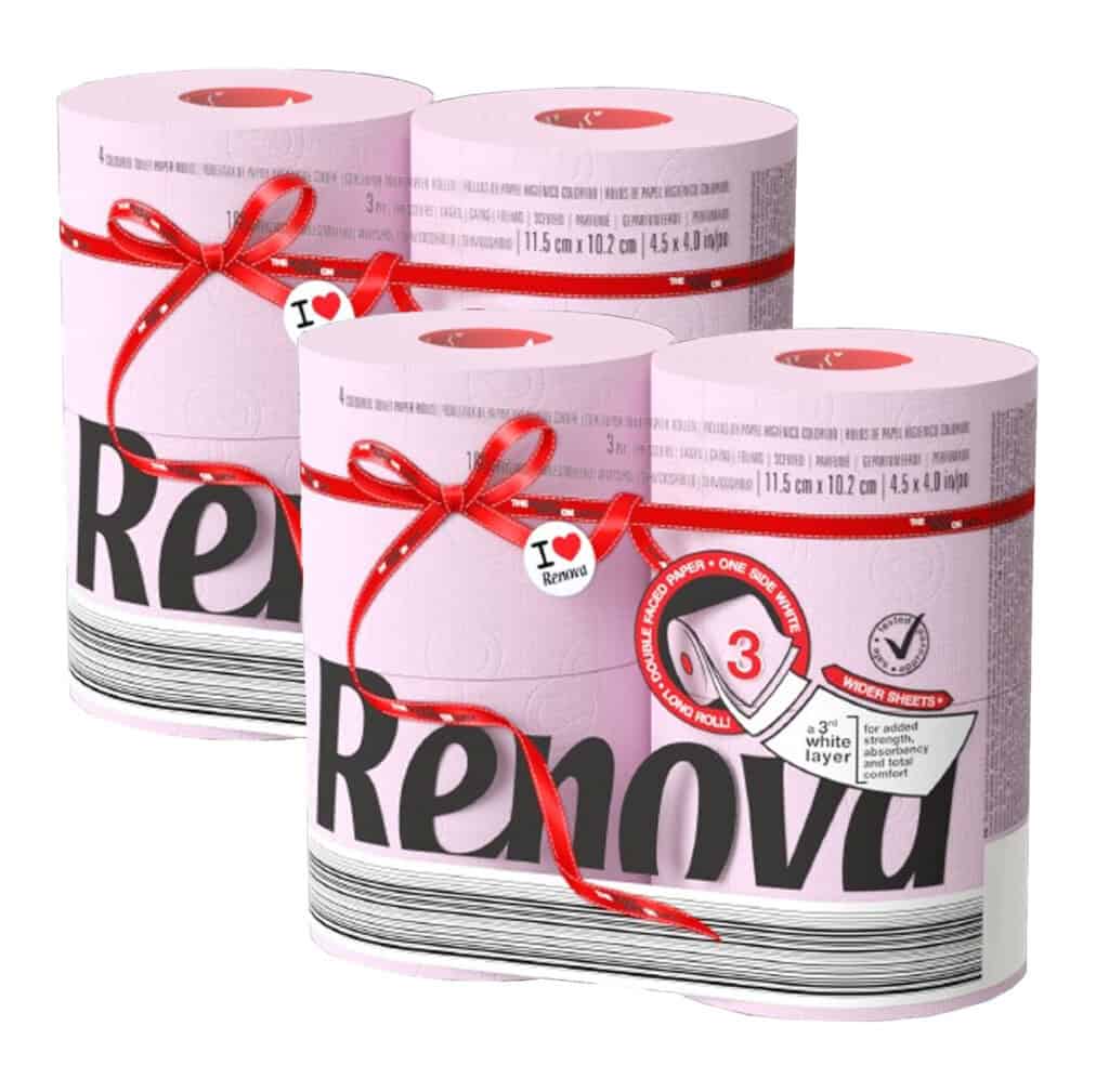 Renova Light Pink Toilet Paper – 8 Jumbo Rolls (2×4 Pack), 3-Ply, 180 Sheets, Eco-Friendly & Premium Quality