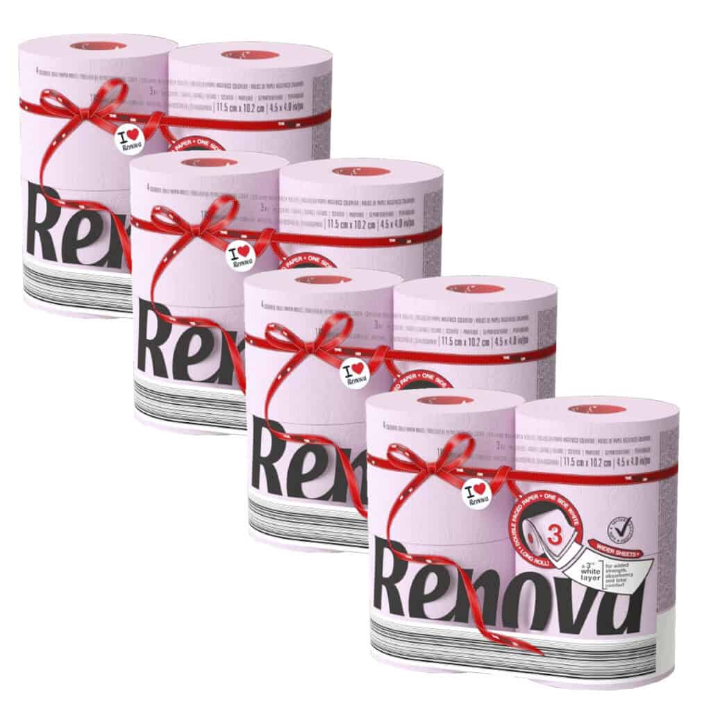 Renova Light Pink Toilet Paper Jumbo 3-Ply 180 Sheets, 4×4 Pack (16 Rolls)