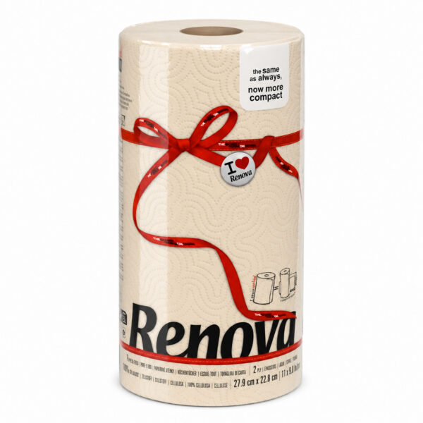 Renova peach cream paper towel roll, 2-ply 120 sheets, compact format with red bow on white background