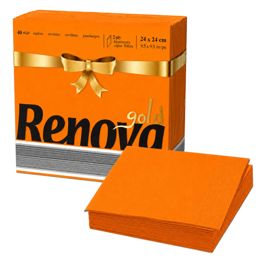 Renova Orange Premium Paper Napkins 2-Ply, Square, 40 Napkins
