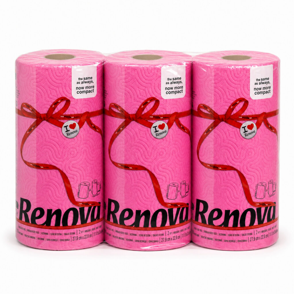 Renova Fuchsia Paper Towel Rolls 2-Ply 120 Sheets, 3 Rolls