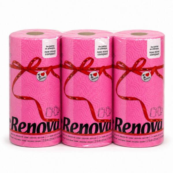 Renova Fuchsia Pink Paper Towel Rolls 3-Pack, each 2-ply 120 sheets compact, on white background