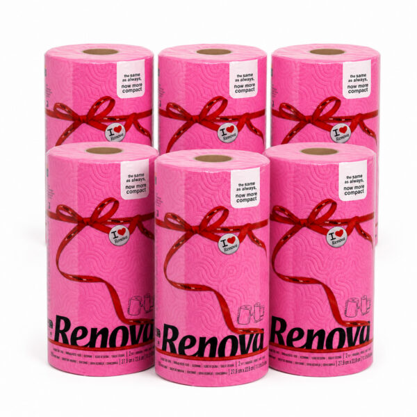 Renova Fuchsia Pink Paper Towel Rolls 6-Pack, each 2-ply 120 sheets compact, on white background