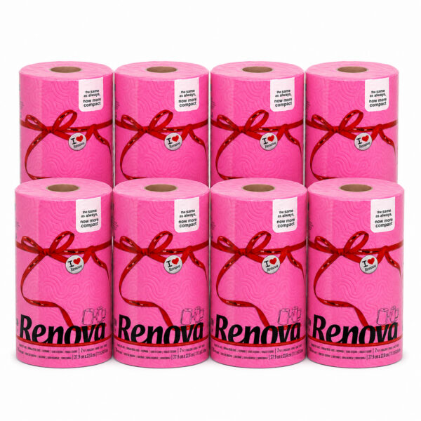Renova Fuchsia Pink Paper Towel Rolls 8-Pack, each 2-ply 120 sheets compact, on white background