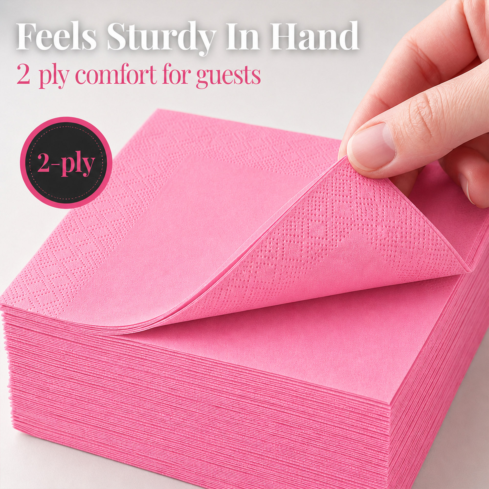 close-up of soft 2-ply pink cocktail napkins