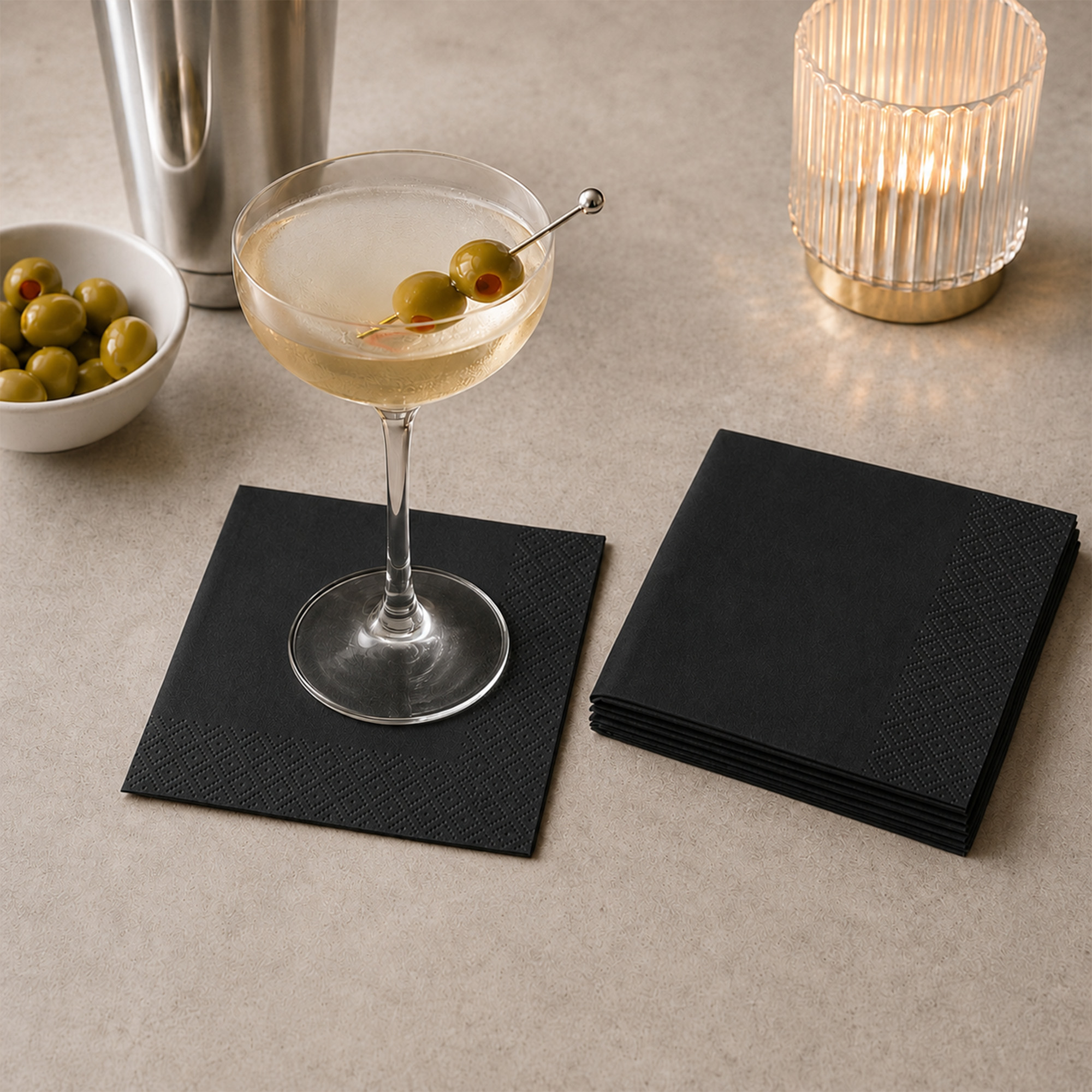 black beverage napkins with drinks and appetizers