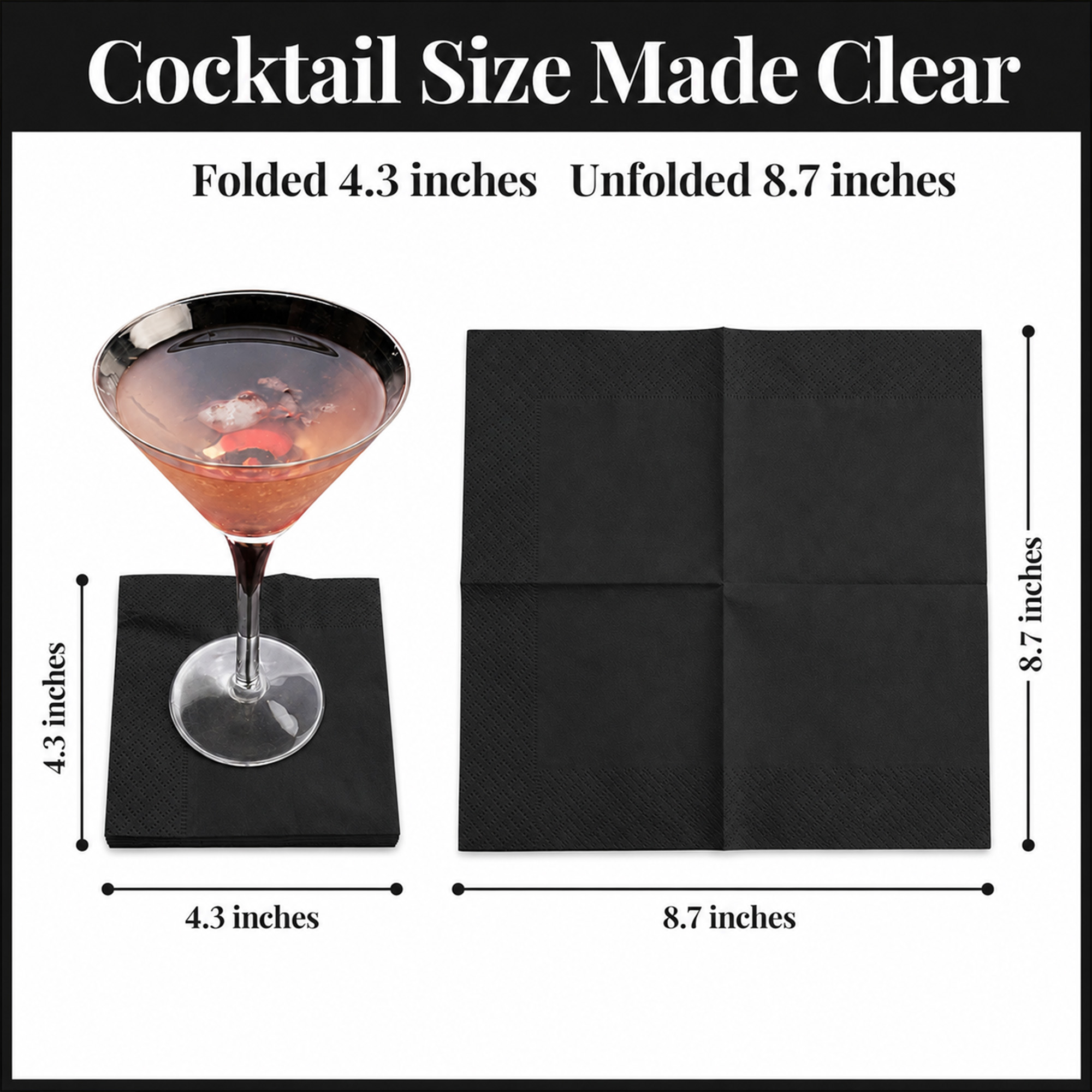 close-up of soft 2-ply black cocktail napkins