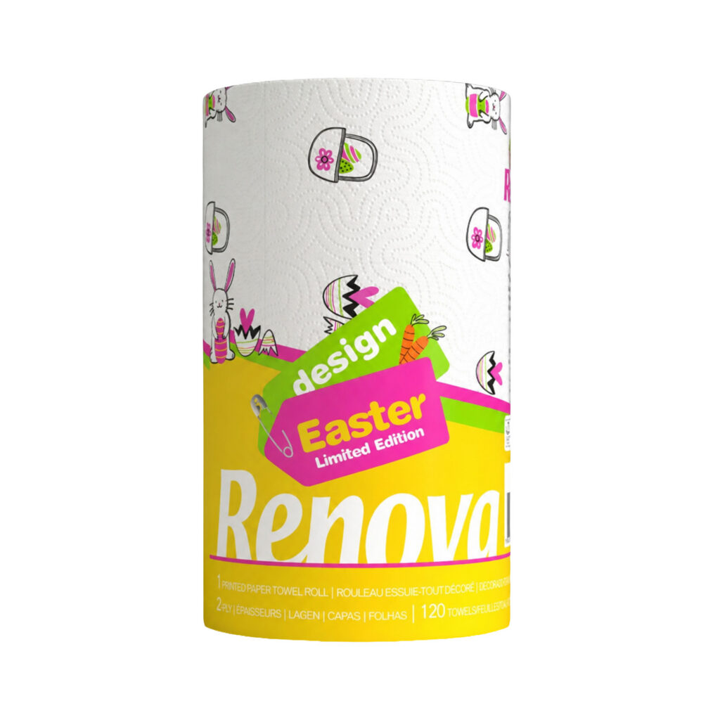 Renova Easter Paper Towels – 1 Roll – 120 Sheets – 2 Ply – FSC Certified – Bunny & Egg Design