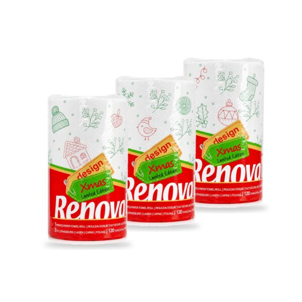 Renova Christmas paper towels pack of 3 jumbo rolls in Xmas limited edition packaging, 2-ply, 120 sheets each